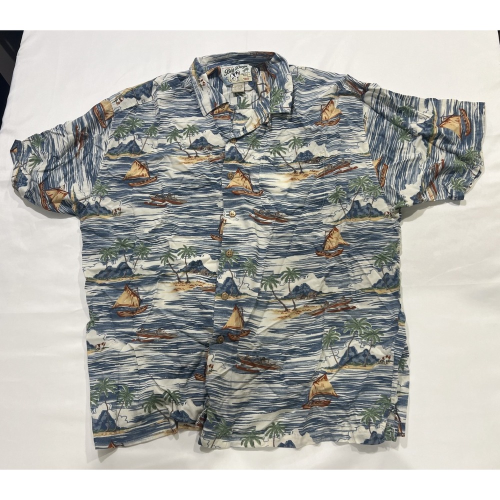 Big Dogs Hawaiian Shirt Mens XL Blue Y2K Resortwear Vacation Beach
